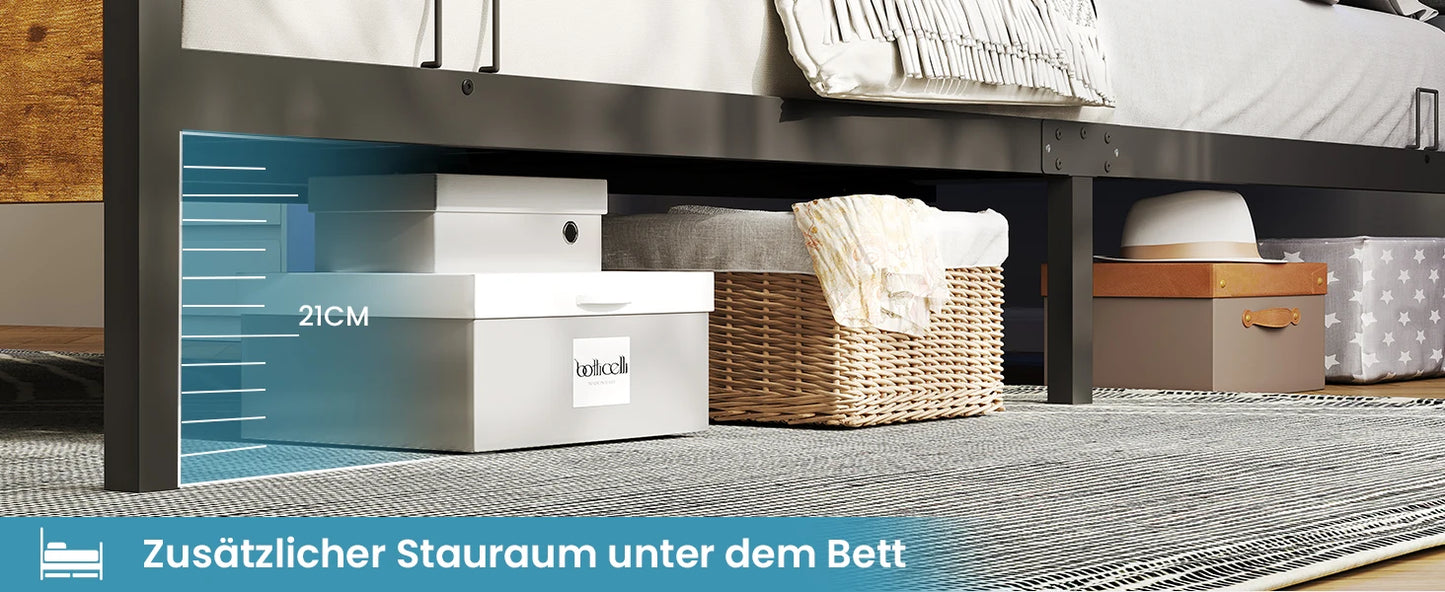 Metallbettgestell 140 x 200 cm mit LED-Beleuchtung, Kopfteil und Ladestation, integriertes Metallbett 140 x 200 mit Gitterbraten