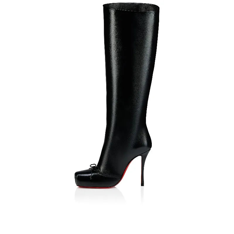 European and American Fashion Niche High-heeled Square Toe Side Zipper Knee High Bow Boots Women's Versatile Banquet Shoes.