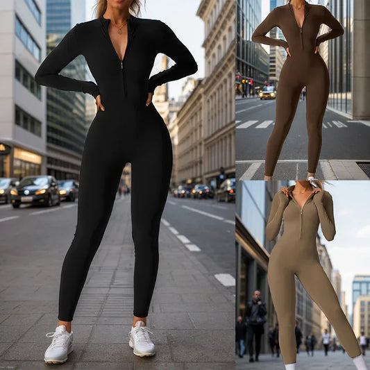 European And American Cross-Border Autumn Winter Zipper-Up Long Sleeve Yoga Onesie Women's Sports Fitness Seamless Bodysuit.