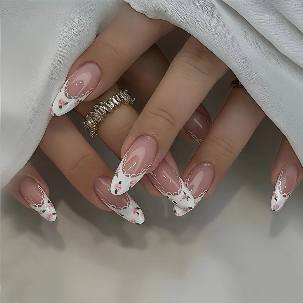 24Pcs White Almond False Nails Ballet with French Design Wearable Fake Nails Gradient Simple Full Cover Press on Nail Tips Art