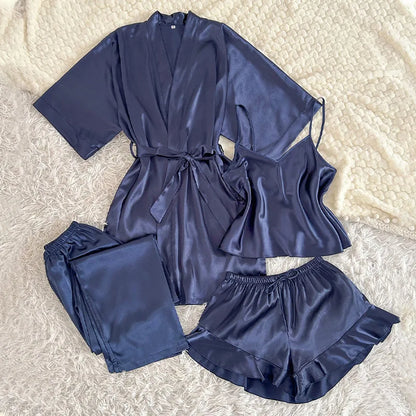 Frühling Sommer Neue Frauen Pyjama Vier Stück Anzug Nachtwäsche Seidige Satin Kimono Bademantel Hosen Anzüge Lose Hause Kleidung Loungewear.