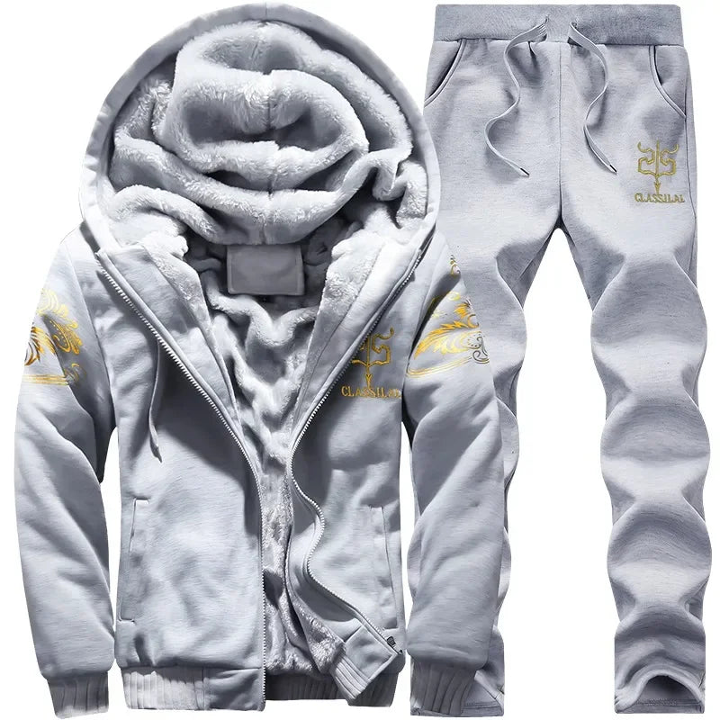 2024 New Winter Thick Men Sports Suit Tracksuit Hooded Sportswear Zipper Cardigan Hooded Woolen Trousers Pants Casual Men Set.