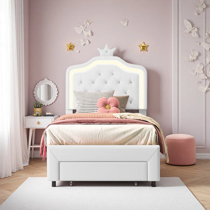 Rosahqnda Kinderbett, gepolsterter Bettrahmen, Krone, Kopfteil, Schubladenschrank, verstellbare Kopfteil-Lederoberfläche