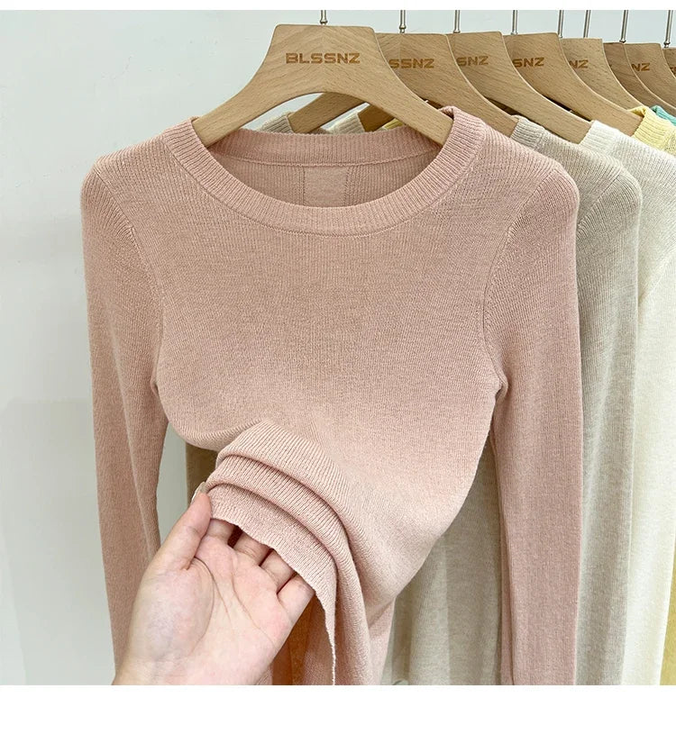 Spring  Basic O-Neck Slim T-Shirt Women Solid Multi Color All-Match Trend Casual Top Screw Knit Long Sleeve Elastic Office Lady.