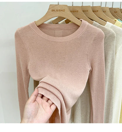 Spring  Basic O-Neck Slim T-Shirt Women Solid Multi Color All-Match Trend Casual Top Screw Knit Long Sleeve Elastic Office Lady.
