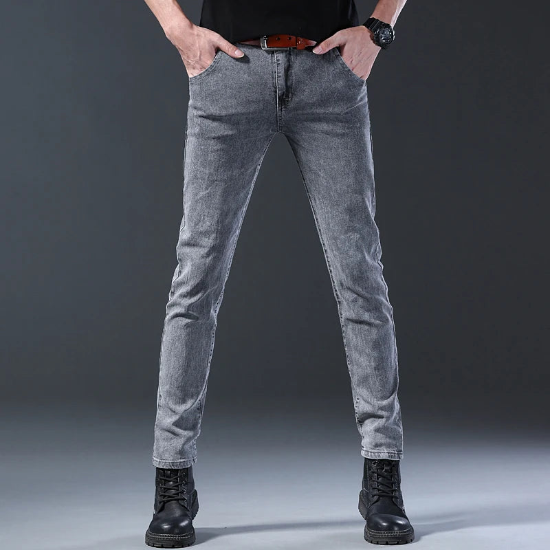 New style jeans, men's slim fit, Korean style comfortable straight leg elastic gray mid waist pants, men's casual denim pants.