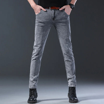 New style jeans, men's slim fit, Korean style comfortable straight leg elastic gray mid waist pants, men's casual denim pants.