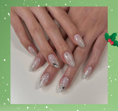 24Pcs Christmas Press on Nails White Snowflake  Fake Nails French Almond Glitter Artificial Nails Full Cover Nail New Year Gifts.