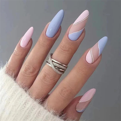 24Ps/Set White Ripple Glitter Chip Design Wearing False Nail French Full Cover Acrylic Press on Nail Almond Shape Fake Nail Tips