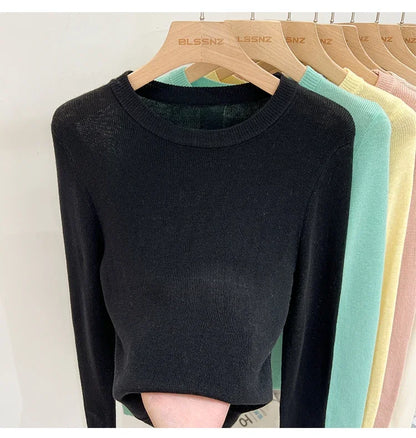 Spring  Basic O-Neck Slim T-Shirt Women Solid Multi Color All-Match Trend Casual Top Screw Knit Long Sleeve Elastic Office Lady