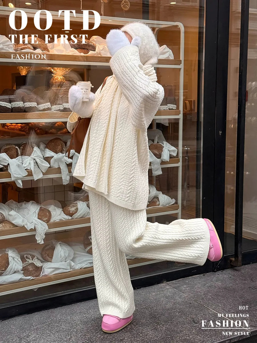 Bornladies Herbst Winter Mode frauen Neue Zopfmuster Pullover Breite Bein Hosen Set Weiche Wolle Mischung Lose Fit High Neck Pullover