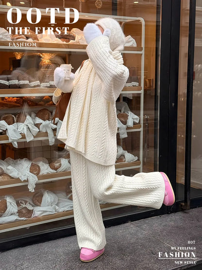 Bornladies Herbst Winter Mode frauen Neue Zopfmuster Pullover Breite Bein Hosen Set Weiche Wolle Mischung Lose Fit High Neck Pullover