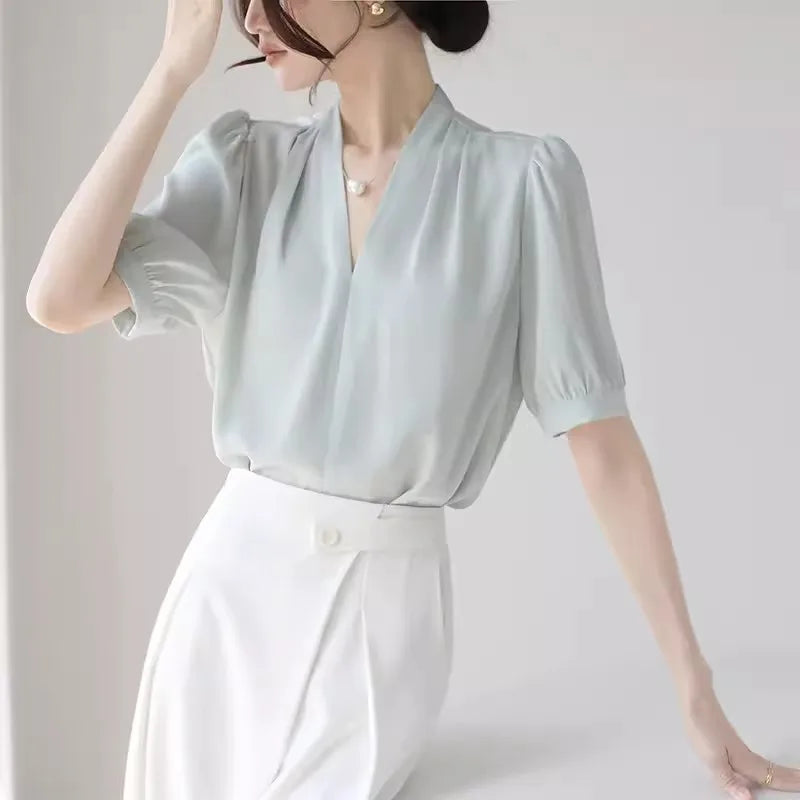 2025 Fashion Summer Short Sleeve V-Neck Women Blouse White Blouse Shirt Women Tops Blouses Shirts Blusas De Mujer Camisas P856.