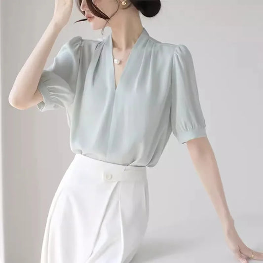 2025 Fashion Summer Short Sleeve V-Neck Women Blouse White Blouse Shirt Women Tops Blouses Shirts Blusas De Mujer Camisas P856.