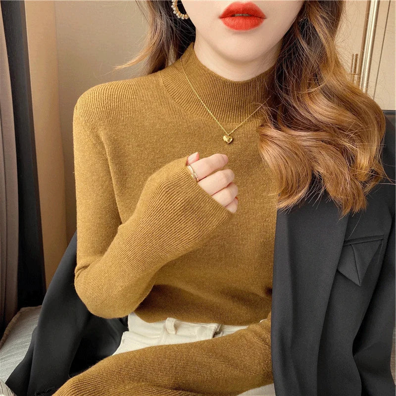 Herbst Winter Frauen Mock neck Pullover Pullover Tops Strickwaren Mode Weibliche Lange Hülse Dünne Elastische Beiläufige Gestrickte Shirts