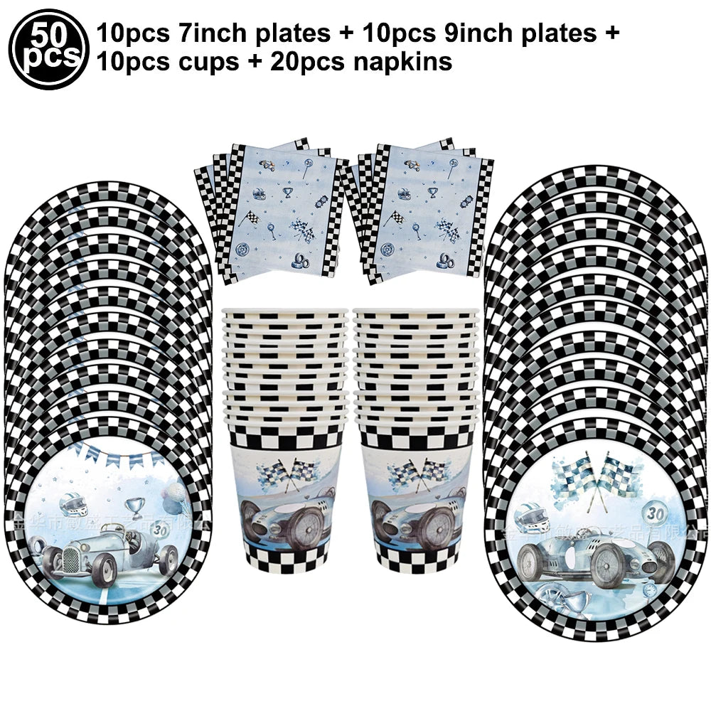 Rennwagen-Thema, zwei schnelle Jungen, Partydekorationen zum 2. Geburtstag für Rennwagen, karierte Flaggen, Rennrad, Einweggeschirr.