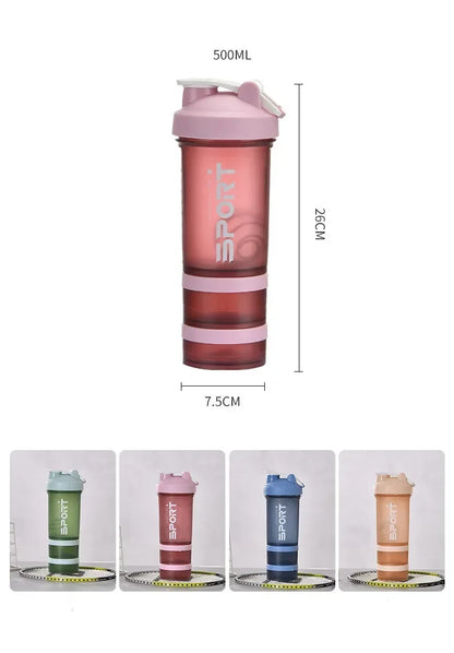 500ML 3-layer Sports Water Protein Powder Shaker Bottle Outdoor Travel Portable Leakproof Drinkware Plastic Drink BPA Free.