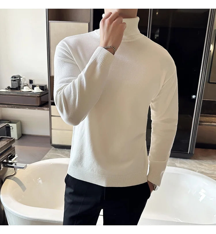 Korean Fashion Autumn Winter Sweaters Men Pullovers Fleece Turtleneck Knitted Sweatshirt Warm Bottoming Shirts.