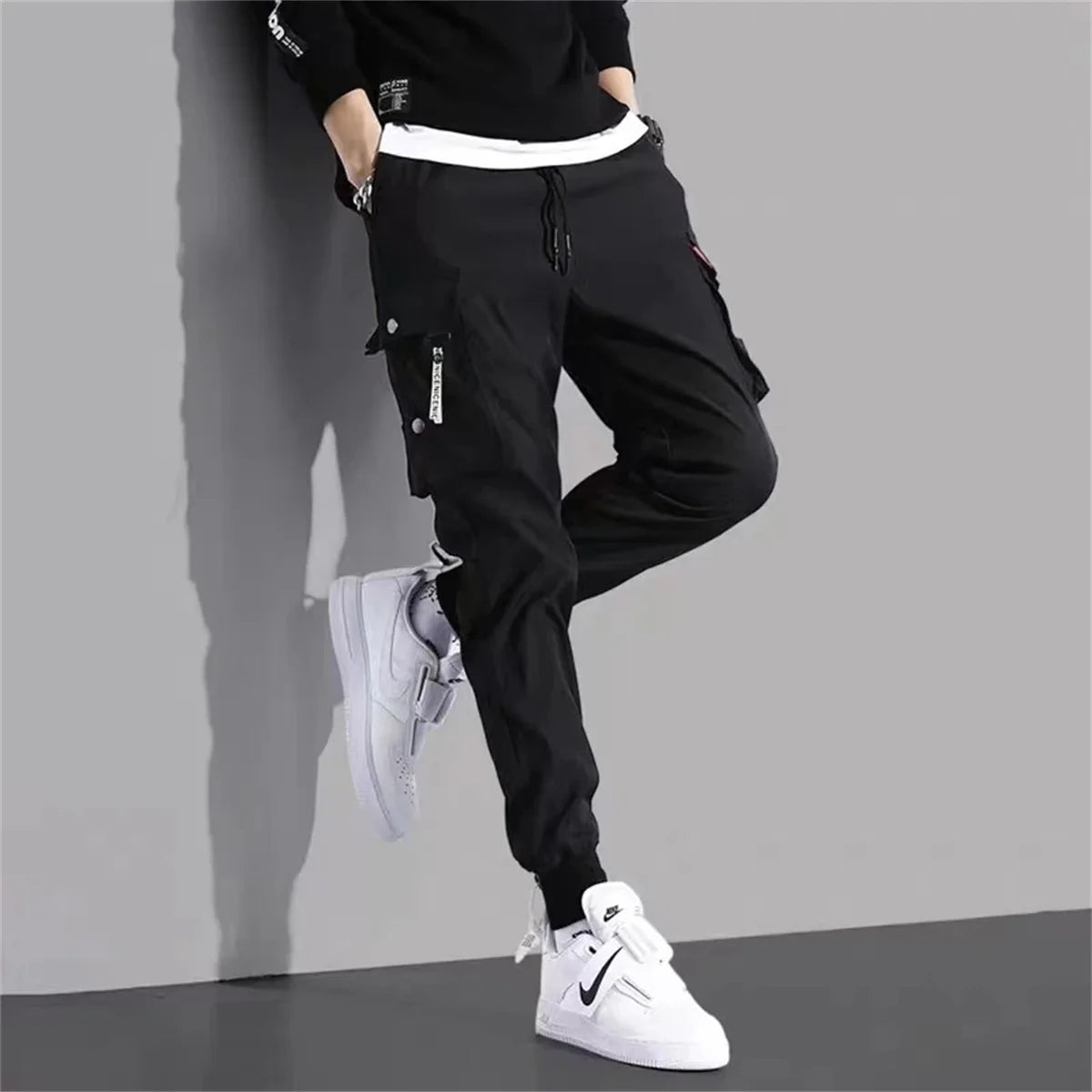 Men's Cargo Pants Casual Hip Hop Hit Color Multiple Pockets Trousers Streetwear Ribbons Techwear Sweatpants Boys.
