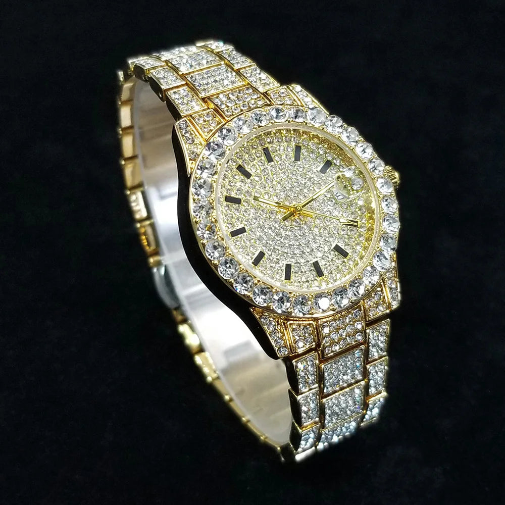 Elegant Diamond Watches Female Fashion Silver Round Stainless Steel Quartz Watch Iced Out Shiny Waterproof Clock Gift for Women.