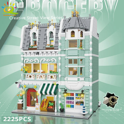 HUIQIBAO Toys MOC City Corner Coffee Shop Architecture Style Street View Micro Building Blocks for Children Construction Bricks.