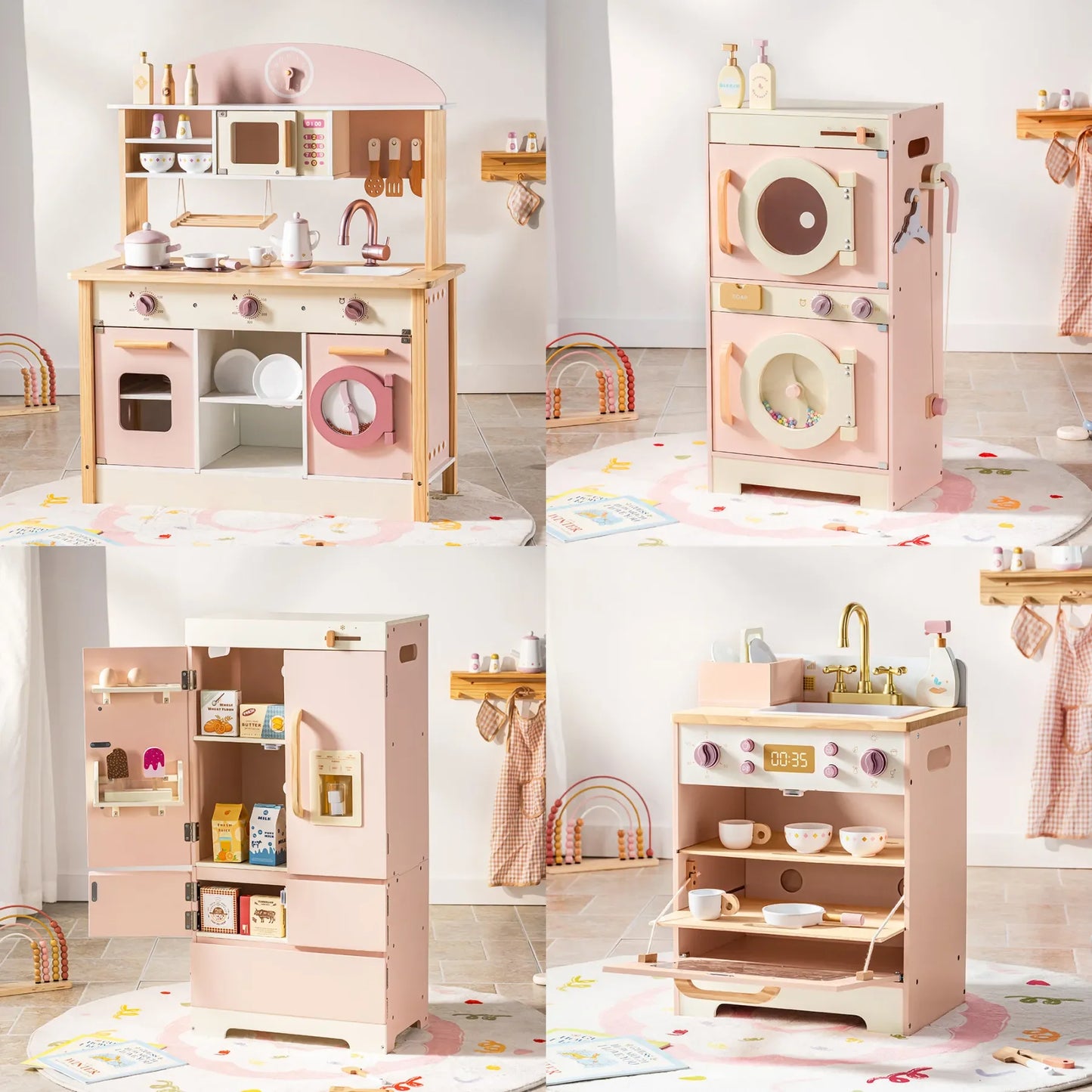 Robotime Robud Kids Corner Kitchen Playset Wooden Play Kitchen Set with Realistic Sound Pretend Play Gift for Boys Girls Pink.
