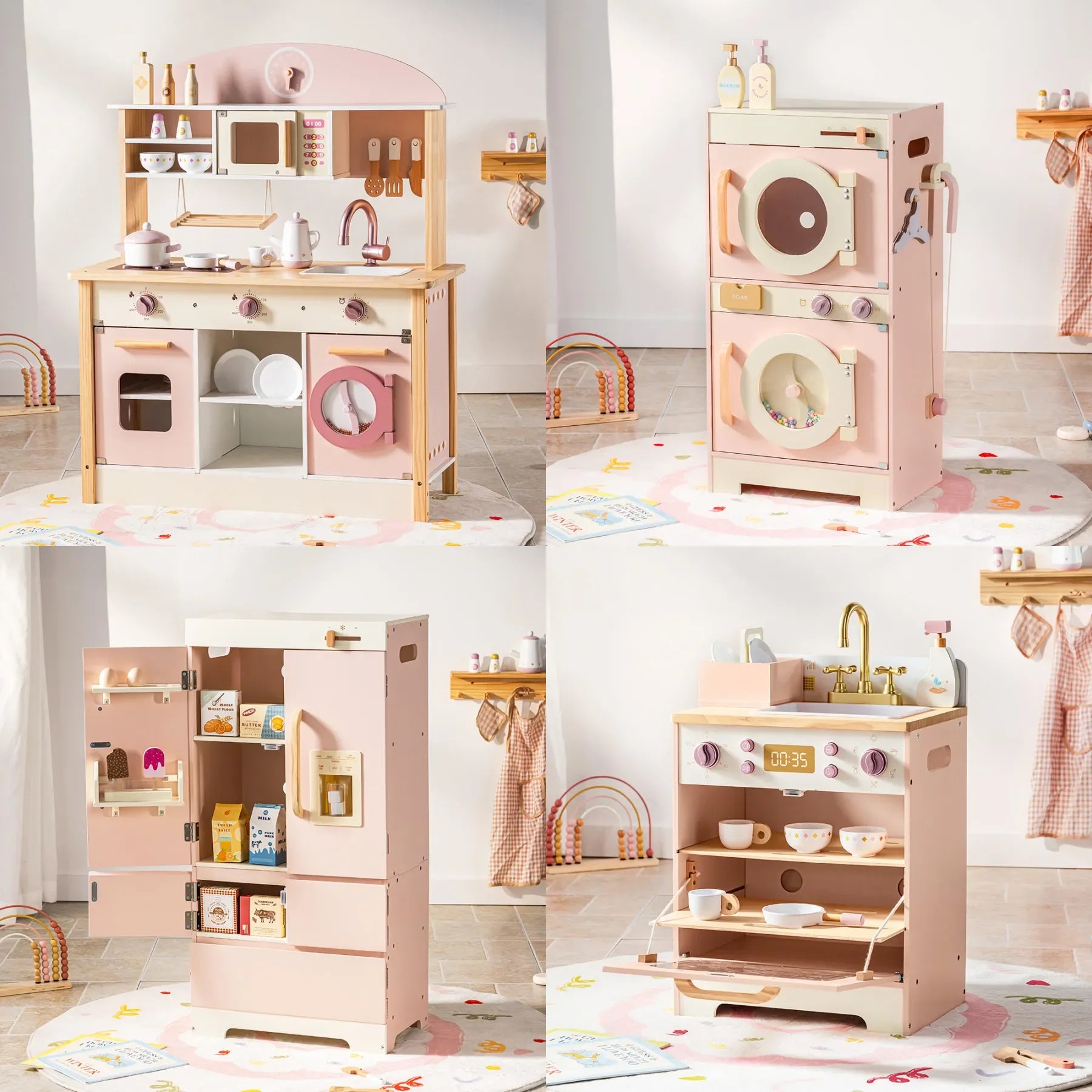 Robotime Robud Kids Corner Kitchen Playset Wooden Play Kitchen Set with Realistic Sound Pretend Play Gift for Boys Girls Pink.