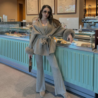 Graue Damenjacke mit Schnürung und Fuchspelzärmeln, eleganter mittellanger Wollmantel mit V-Ausschnitt, 2025, Herbst, lässige Mode, Pendler-Outwear