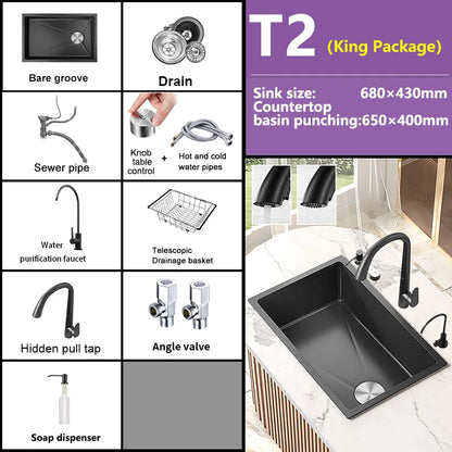 Black Stainless Steel Kitchen Sink Waterfall Sink dishwashing Basin Large Single Sink Household Sink Under The Counter Sink