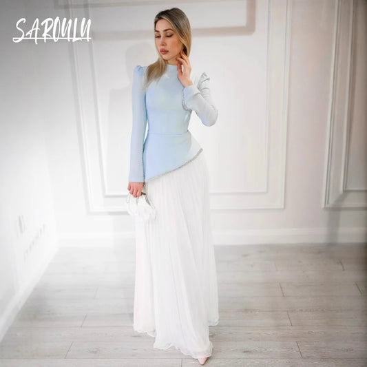 Modest High Neck the Middle East Evening Dress Kaftan Women A Line Prom Gown Graceful Simple Long Sleeves Cocktail Wear.