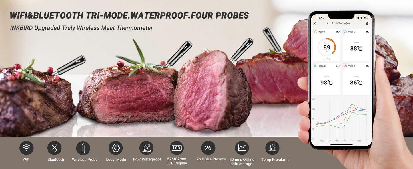 INKBIRD INT-14-BW 3-Mode WiFi/Bluetooth BBQ Thermometer, 4 Wireless Probes, IP67 Waterproof, ±1℃, 25H Battery, Smart App Control.