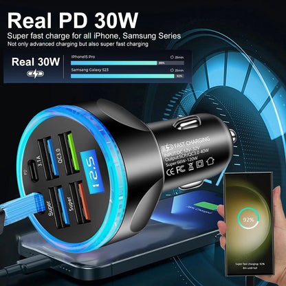UYUXIO Multi Port USB C Car Charger Adapter with Voltage Display PD 30W Super Fast Charging 6 in 1 for MacBook iPhone Samsung.