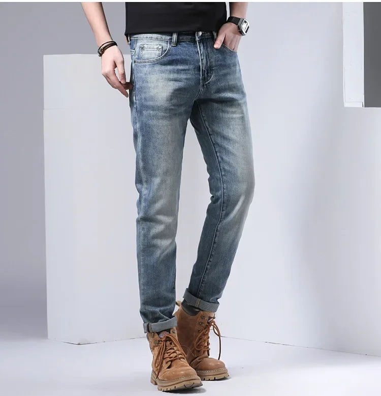 2024 Men's Fashionable Simple Stretch Slim Fit Denim Trousers European Style High Quality Casual Export Men Pants.