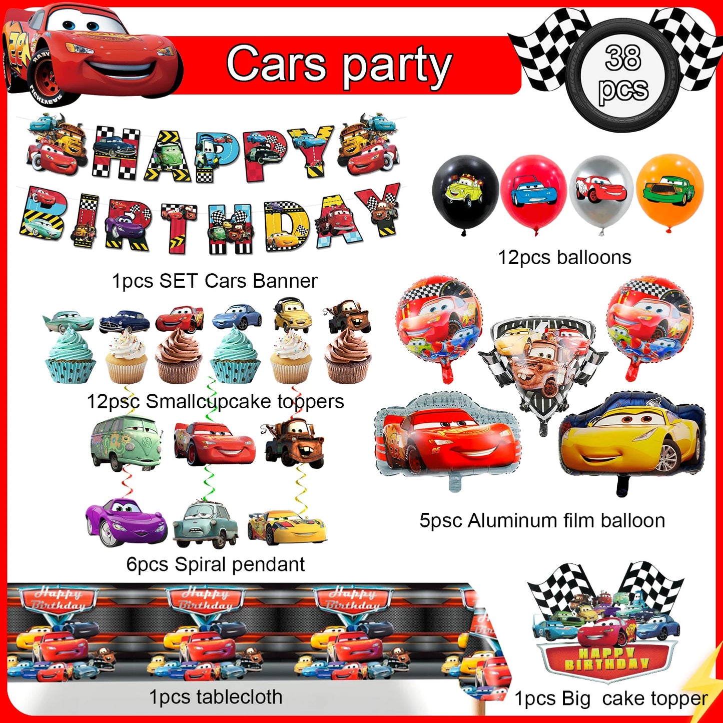 Lightning McQueen Partydekorationen, 38 Stück Lightning McQueen Partyzubehör – Auto-Banner, Tischdecke, Ballon usw. Partyzubehör für Autos.