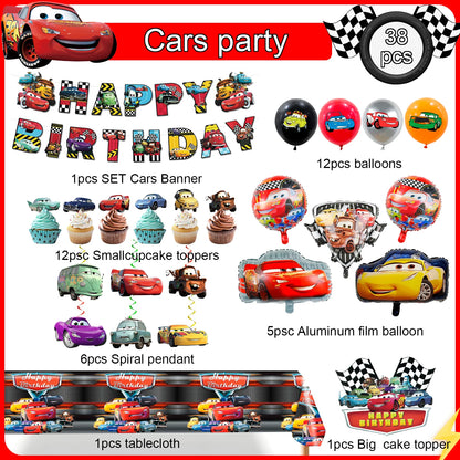 Lightning McQueen Partydekorationen, 38 Stück Lightning McQueen Partyzubehör – Auto-Banner, Tischdecke, Ballon usw. Partyzubehör für Autos.