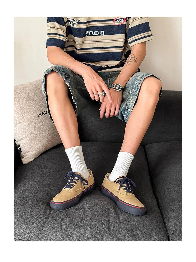 Boys' Casual Canvas Skateboard Shoes with Patchwork Low Cut Shoes Men's Minimalist Fashion Sneakers Trendy Lace Up Flat Bottom.