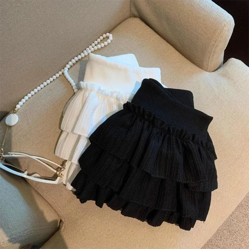 Sweet Puffy Cake Women Skirts Korean Fashion Ruched Ruffle Mini Skirt Campus Harajuku Casual Versatile Elastic Waist Solid Skirt.