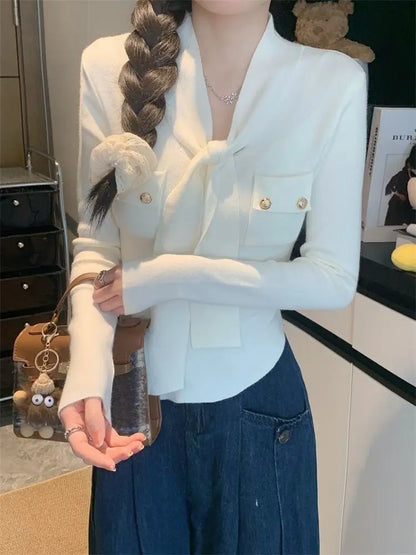 Frauen Frühling Herbst Einfachheit Büro Dame V-ausschnitt Einfarbig Langarm Strickwaren Damen Mode Alle-spiel Temperament Tops