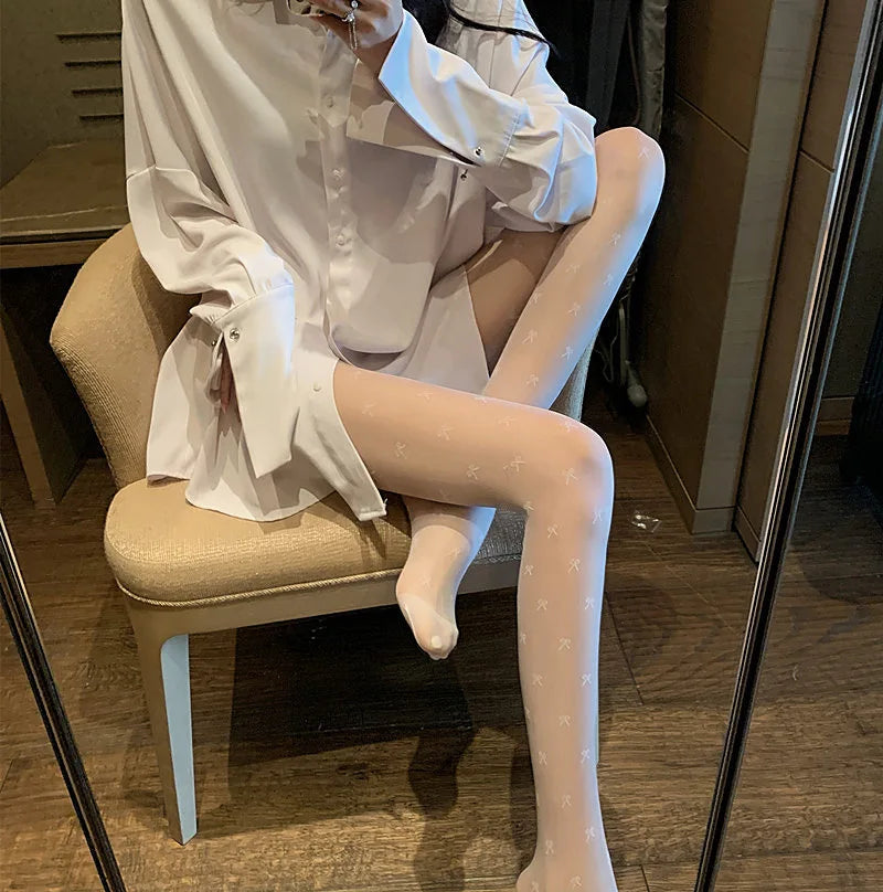 Black Polka Dot Butterfly Knot Tights Ultra Thin Women's Stockings Prevent Snagging Sexy Silk Pantyhose Spring Summer