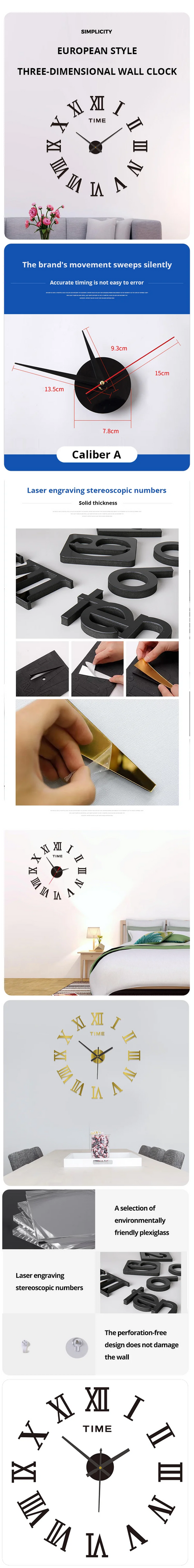 3D Acryl digitale Wanduhr römische Ziffern Design Spiegel Wanduhr Mode große runde Wanduhr diy selbst klebende Uhren