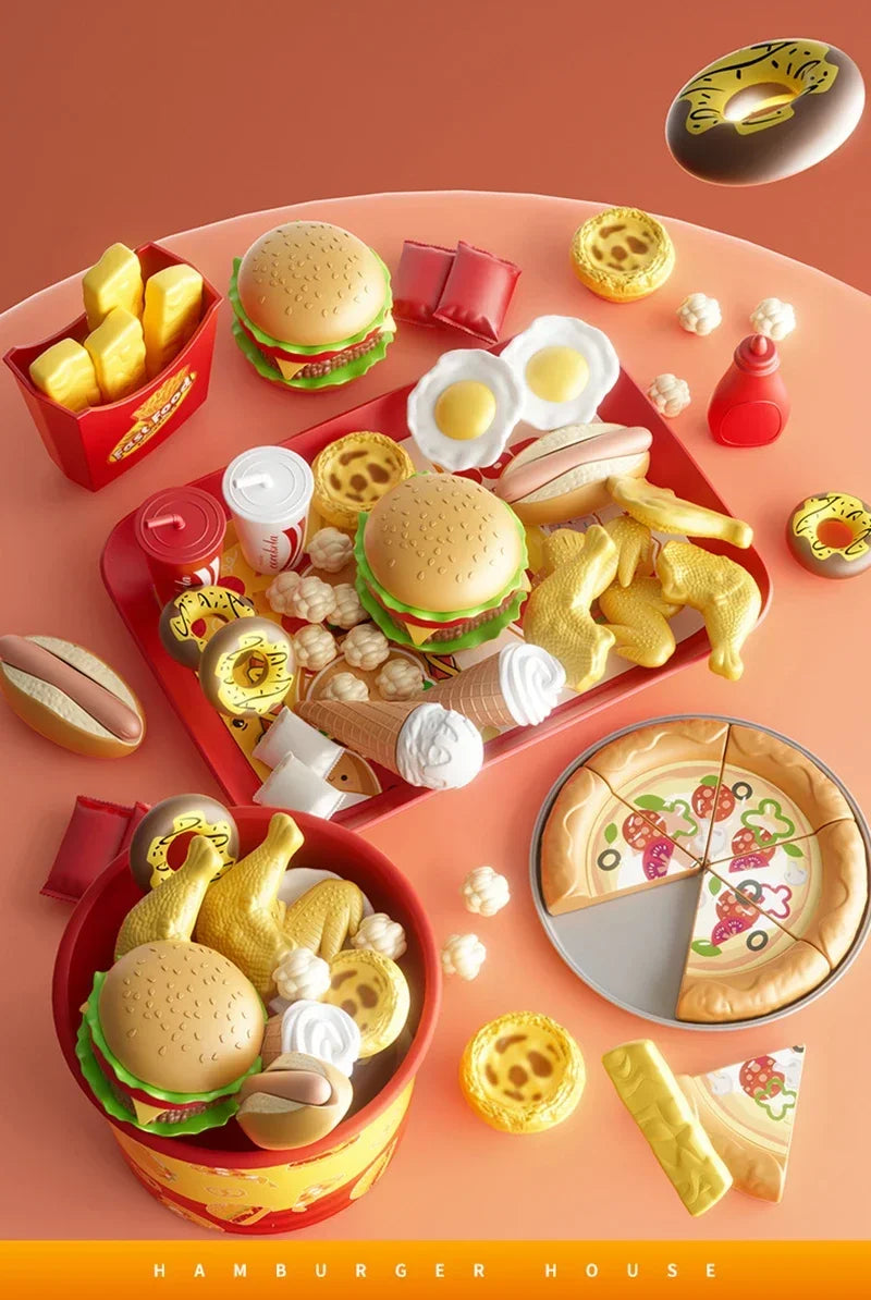 Kid Kitchen Toy Set Simulation Make Hamburger Pizza Fries Pretend Play Food Cooking Cutting Game Montessori Interactive Toy Gift.