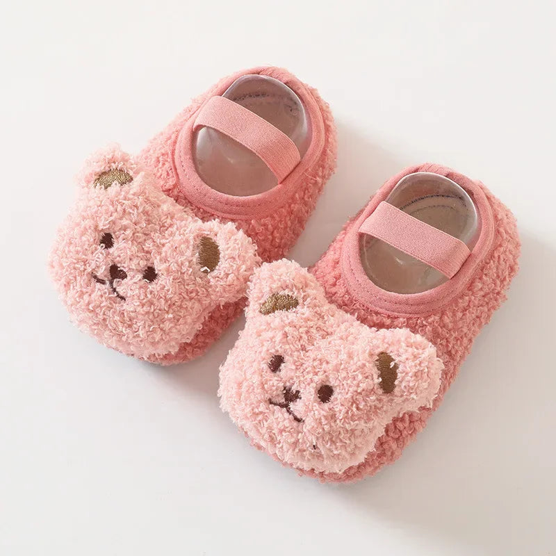 Warm Newborn First Walker for Boy Girl Cartoon Animal Bear Indoor Non-slip Floor Shoes Winter Fury Plush Floor Shoes