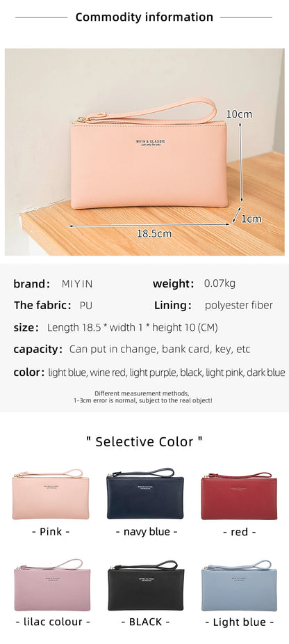 Simple Solid Color Thin Long Wallet PU Leather Large Capacity Zipper Wallet Classic Fashion Womens Handbag Can Hold Mobile Phone.