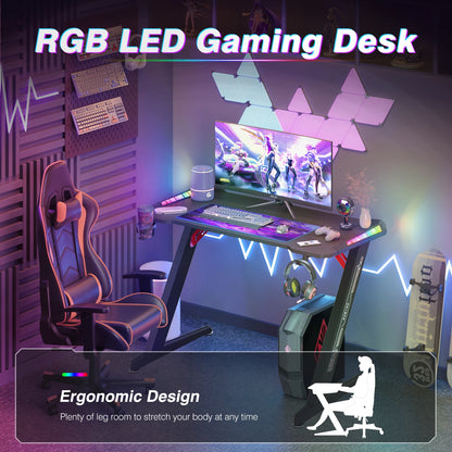 140 cm extra große dynamische RGB-LED-Leuchten, Gaming-Schreibtisch, robust, für Zuhause, Büro, PC, Computertisch, Gamer-Tisch, Metallbeine