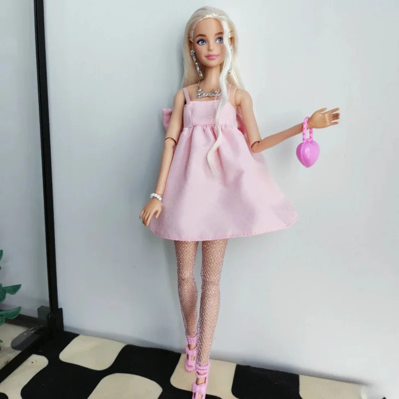 Genuine Barbie Deluxe Style Dolls Pink Dress Outfit Blond Hair Knot Bow Accessories Mesh Tights Toys For Girls Sweet Gift.