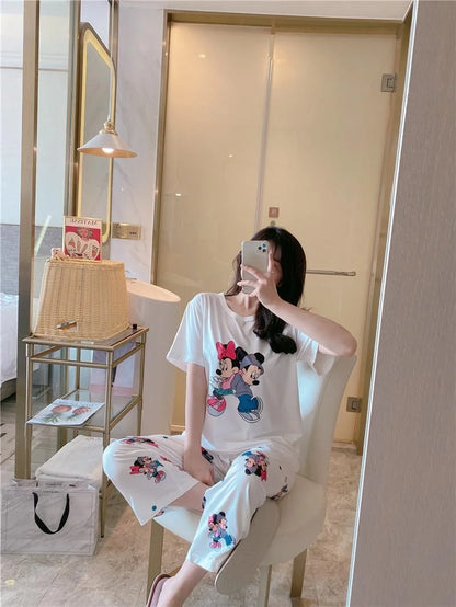 Sommer Pooh Bär Nachtwäsche frauen Lose Bequeme Cartoon Print Hause Kleidung Set Kurzarm Nachthemd Mickey Pyjama Set