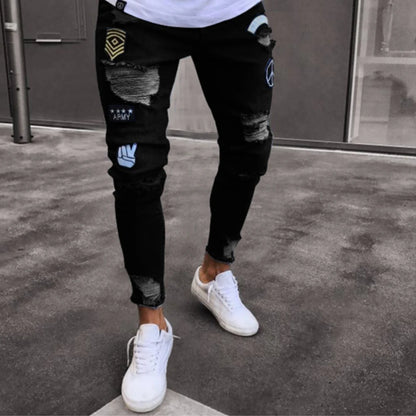 White Embroidery Skinny Ripped Jeans Men Cotton Stretchy Hole Slim Fit Hip Hop Denim Pants Casual Jeans for Men Jogging Trousers.