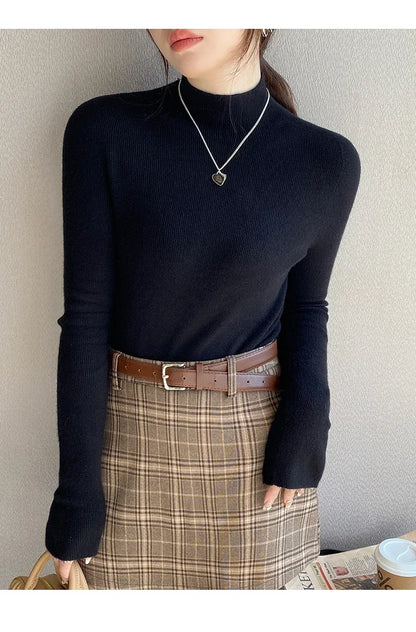 Herbst Winter Pullover Pullover Bodenbildung Shirt Frauen Gestrickte Shirts Weibliche Lange Hülse Mock Neck Elastische Dünne Pullover Stricken Tops