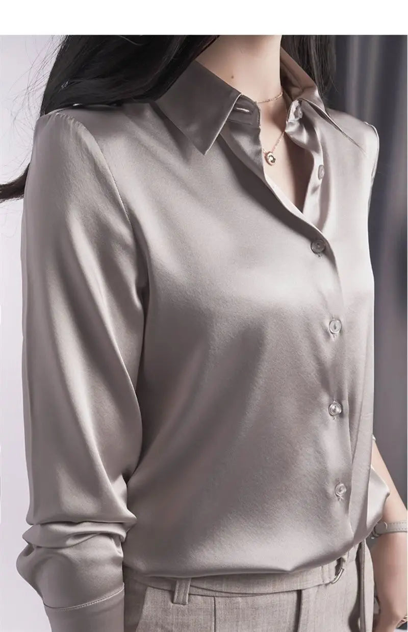 Spring Summer Casual Women's Satin Shirt Lapel Long Sleeve Blouse Loose Solid Color Office Lady Fashion Shirts Top.