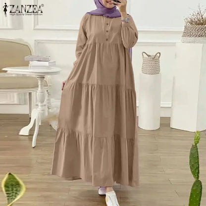ZANZEA O Neck Casual Loose Maxi Dress Tiered Islamic Hijab Women Long Sleeve Long Vestidos Muslim Fashion Autumn Abaya Robes.